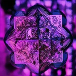 A photorealistic macro shot of a deep purple porphyrazine crystal, with intricate pyrrole dicarboxylate structures visible, subtly illuminated to highlight its facets. Macro lens, 100mm, high detail, precise focusing, controlled lighting with a hint of dark blue and magenta duotone.
