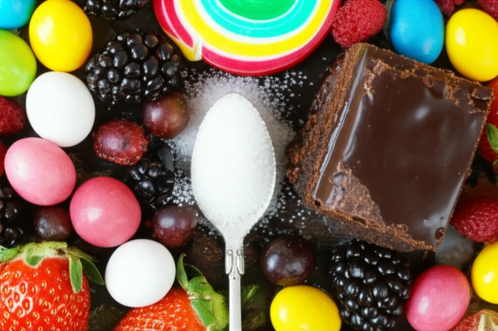 A vibrant and enticing flat lay of various sweet snacks, including colorful candies, a piece of chocolate cake, and fresh berries, with a spoonful of sugar in the center. Macro lens, 100mm, high detail, precise focusing, controlled lighting to make the sweets look appealing yet hint at the topic of sugar intake.