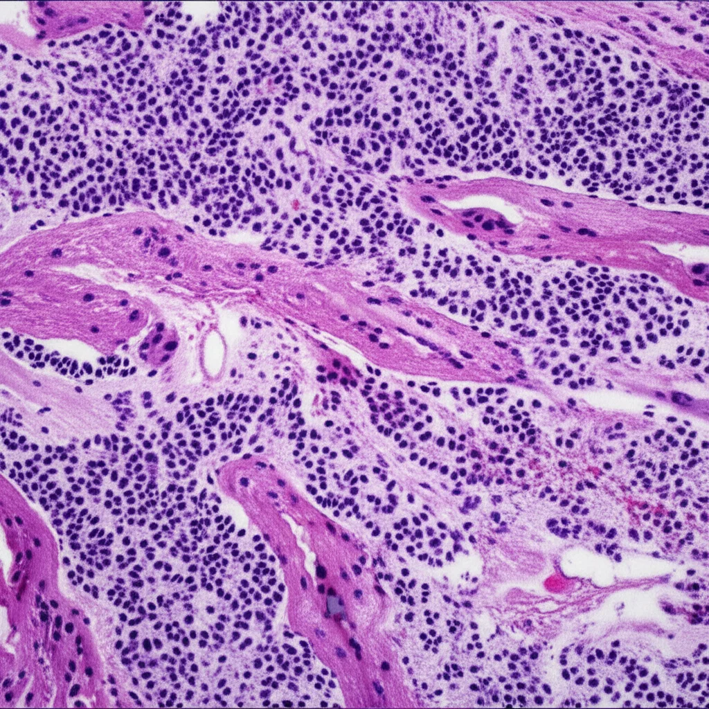 Macro lens, 100mm, high detail, precise focusing on a microscopic view of liver tissue with cancer cells, representing the challenge of intrahepatic cholangiocarcinoma.