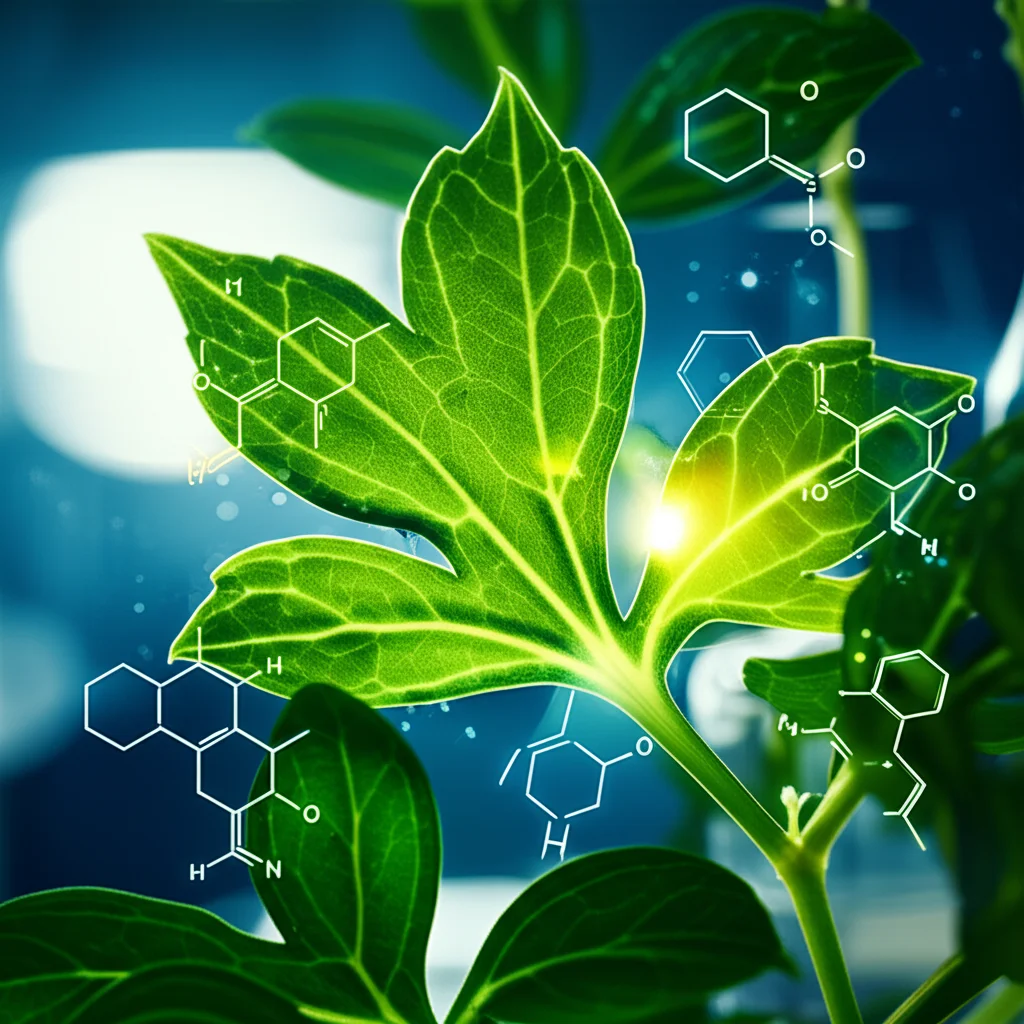 Artistic macro shot of Gynostemma pentaphyllum leaves with glowing molecular structures representing its active compounds superimposed, 60mm macro lens, high detail, precise focusing, controlled lighting with a slightly ethereal glow, background subtly hinting at a modern laboratory.