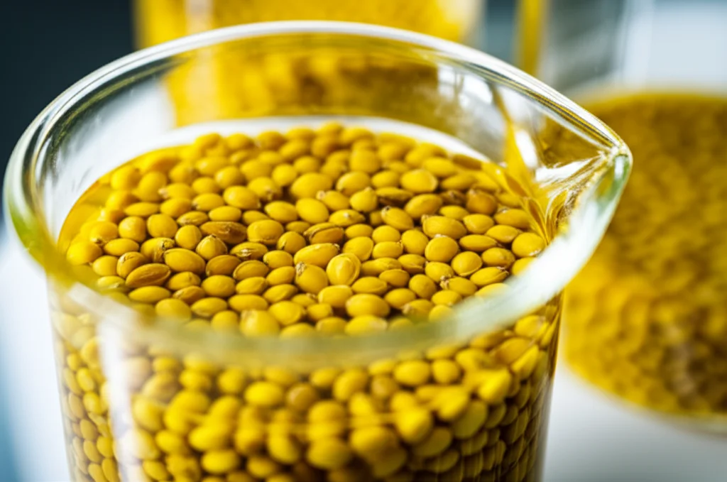Close-up of rapeseed seeds soaking in beakers, macro lens, 80mm, high detail, controlled lighting.