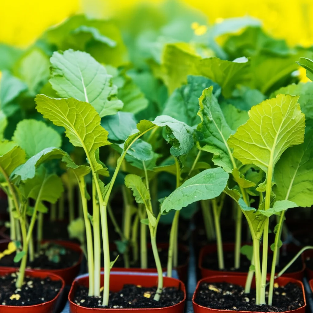 Rapeseed plants growing in pots, showing different heights and leaf sizes, macro lens, 70mm, precise focusing.