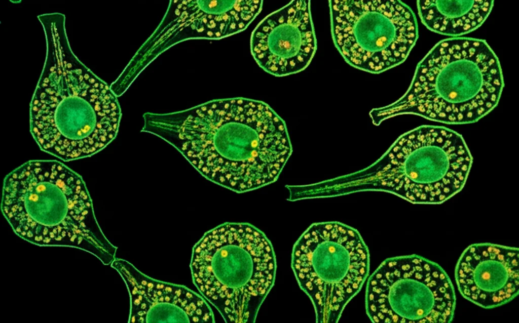 Microscope view of plant cells showing potential DNA damage or mutations, macro lens, 105mm, high detail, controlled lighting.