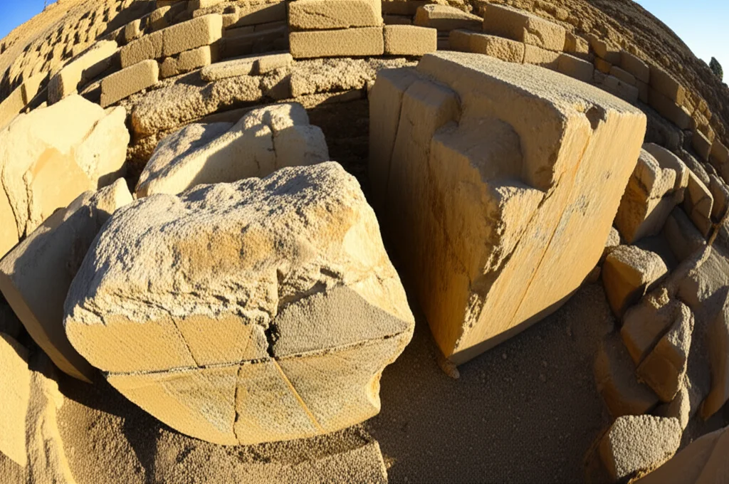 Wide-angle, 10mm lens, shot of deteriorating ancient limestone blocks at an archaeological excavation site, possibly Heliopolis, with signs of salt efflorescence and cracking, under the harsh Egyptian sun, conveying a sense of urgency for conservation. Long exposure to hint at the passage of time.