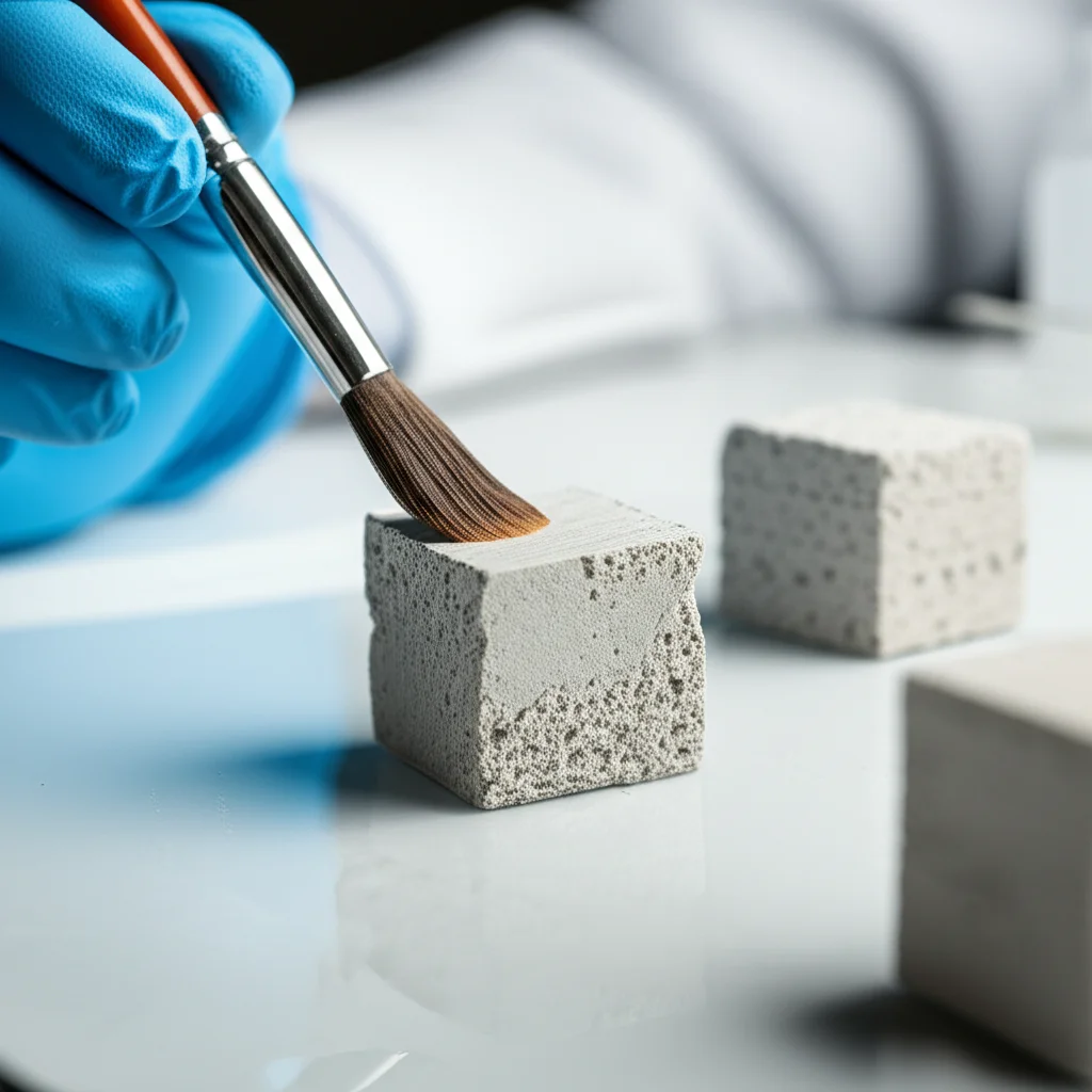 Still life, macro lens, 100mm, of limestone cube samples being treated in a conservation lab setting. Focus on a gloved hand carefully applying a consolidant solution with a brush to a small stone cube. High detail, precise focusing, controlled lighting to show the texture of the stone and the liquid.