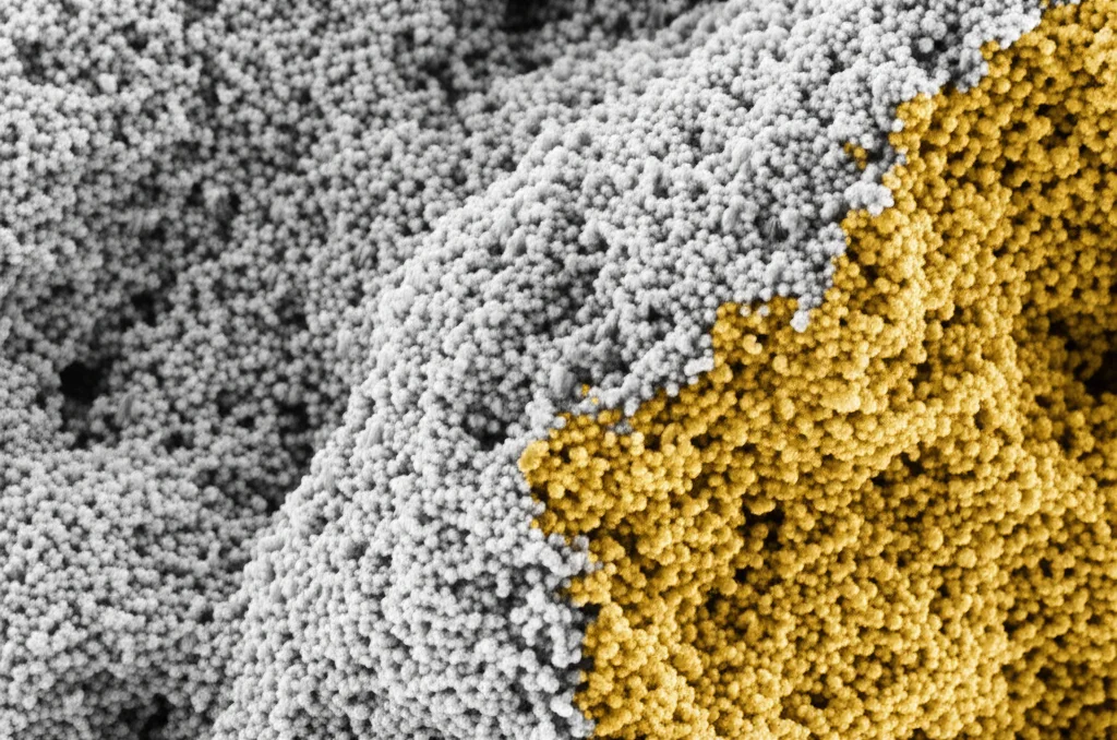 Artistic representation of SEM imagery: a highly detailed, almost abstract macro view, 60mm lens, showing nano-particles effectively coating and bridging mineral grains within a porous limestone structure. Controlled lighting to create depth and highlight the particle distribution. Duotone in grey and a subtle gold.