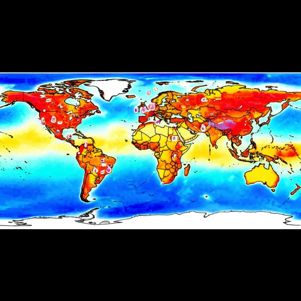 A stylized world map, wide-angle 15mm, showcasing global temperature anomalies as color gradients, with superimposed abstract markers indicating regions of concern for male infertility, sharp focus, long exposure for smooth visual flow.