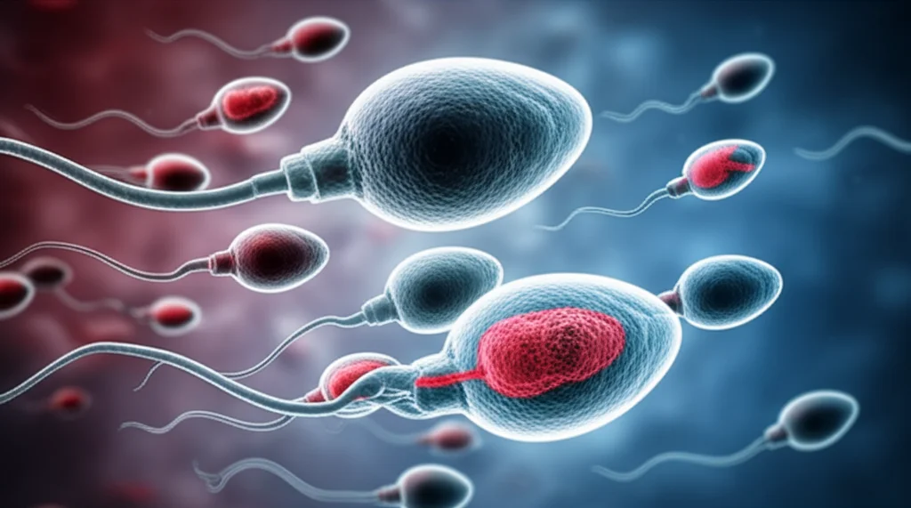 A highly magnified, artistic representation of sperm cells, macro lens 100mm, some appearing healthy while others show signs of heat-induced stress (e.g., fragmented DNA, reduced motility suggested by blurring), high detail, controlled lighting, subtle red and cool blue duotones to contrast heat stress and normal conditions.
