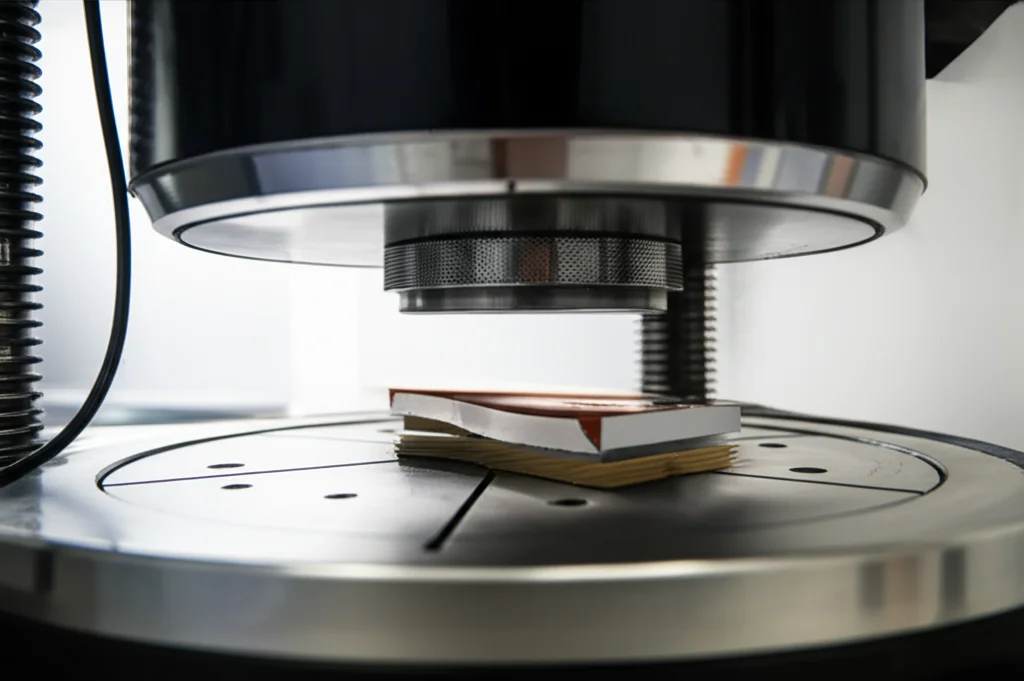 Laboratory compression testing machine applying load to a double lap joint, motion, 150mm telephoto zoom, fast shutter speed, movement tracking