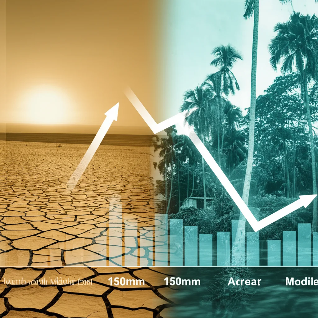 A composite image: one side, a sun-baked landscape representing North Africa/Middle East with a subtle, upward-trending graph line indicating infertility projections, telephoto zoom 150mm, depth of field. On the other, a humid, tropical Southeast Asian scene with a similar graphical overlay. Use warm and cool color palettes to differentiate, perhaps sepia and cyan duotones.