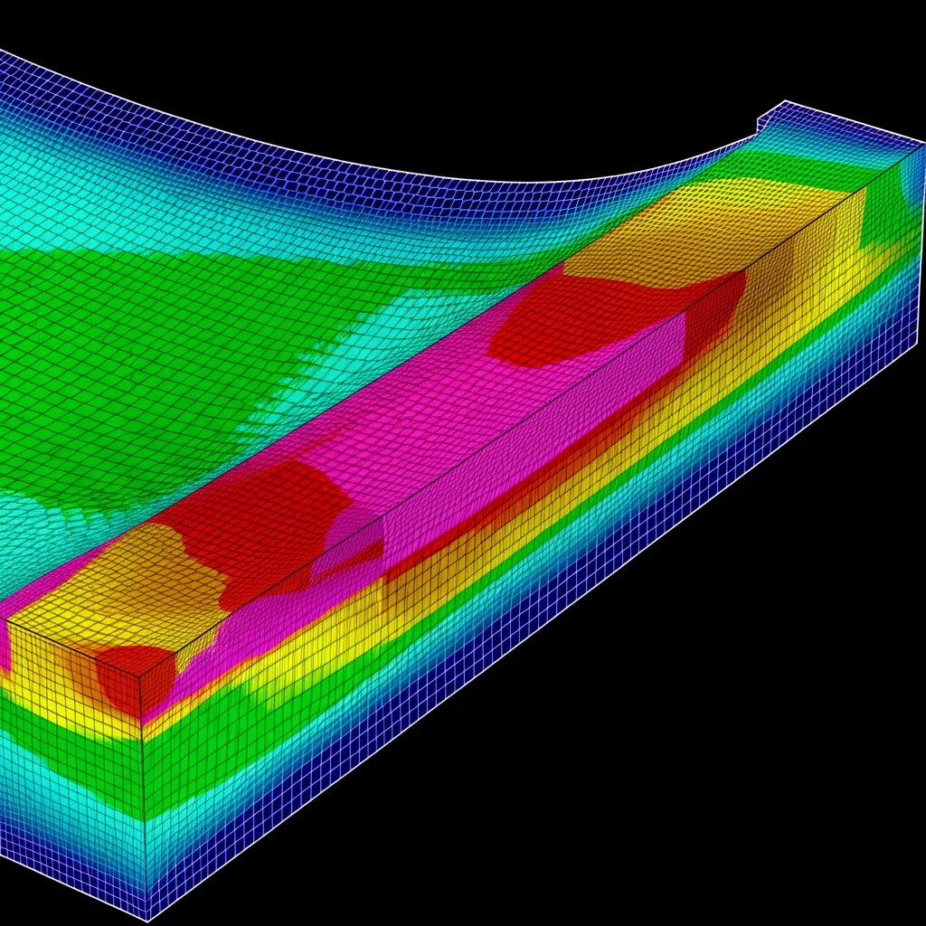 Visualization of stress distribution in a bonded composite joint from finite element analysis, high detail, controlled lighting