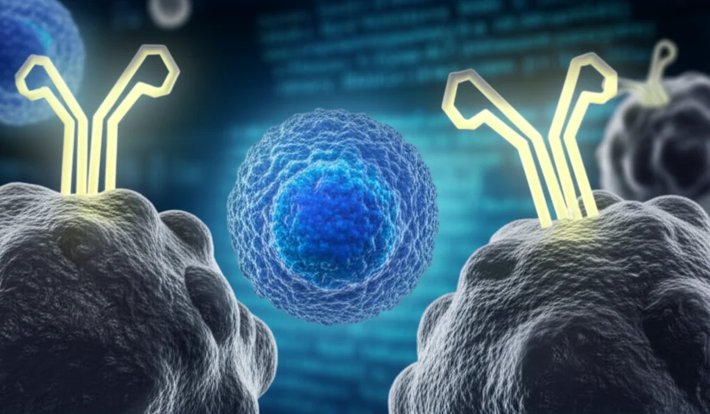 Macro lens, 60mm, high detail, precise focusing, controlled lighting, showing a stylized 3D rendering of T-cells (spherical, textured blue) interacting with tumor cells (irregular, darker grey) with Y-shaped antibody-like structures (durvalumab, glowing slightly yellow) blocking receptor sites. The background is a subtly blurred representation of a computer database interface with glowing lines of code.