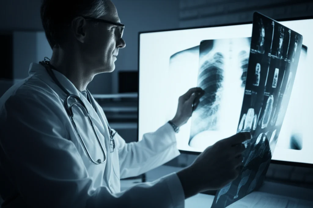 Prime lens, 35mm, depth of field, duotone in cool blue and clinical white. A concerned doctor in a white coat is intently reviewing a patient's lung X-ray displayed on a brightly lit screen in a dimly lit room. The focus is on the doctor's expression and the X-ray, conveying seriousness and the importance of patient safety and adverse event monitoring.