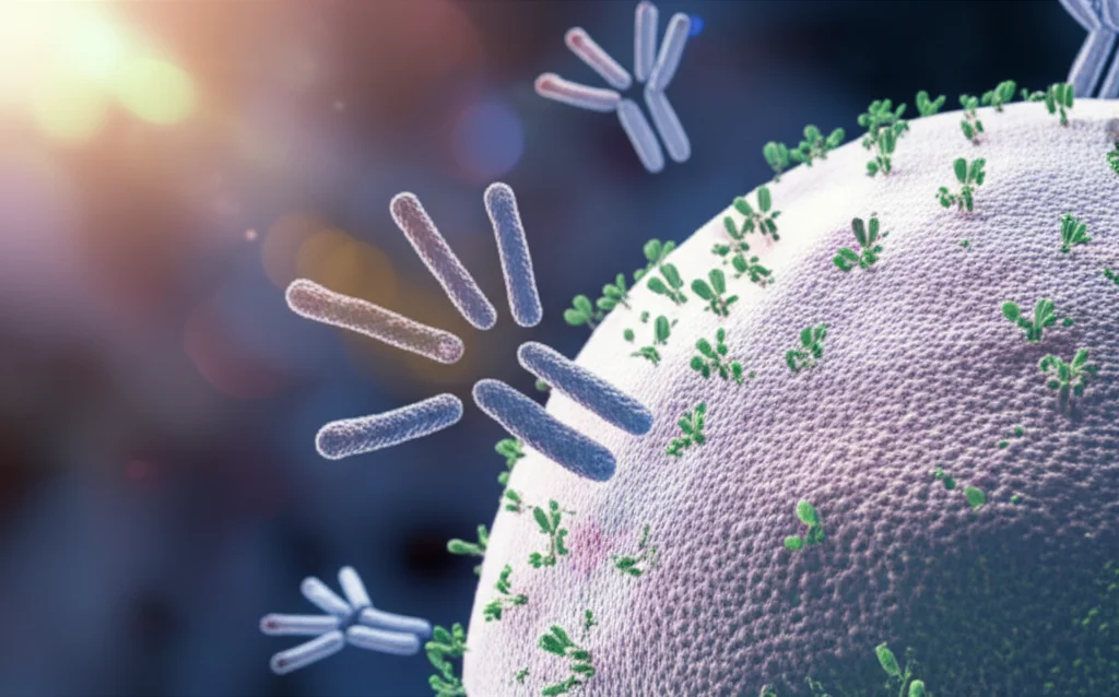 Photorealistic image of a stylized representation of antibodies shielding a cell from a virus, macro lens, 100mm, high detail, precise focusing, controlled lighting