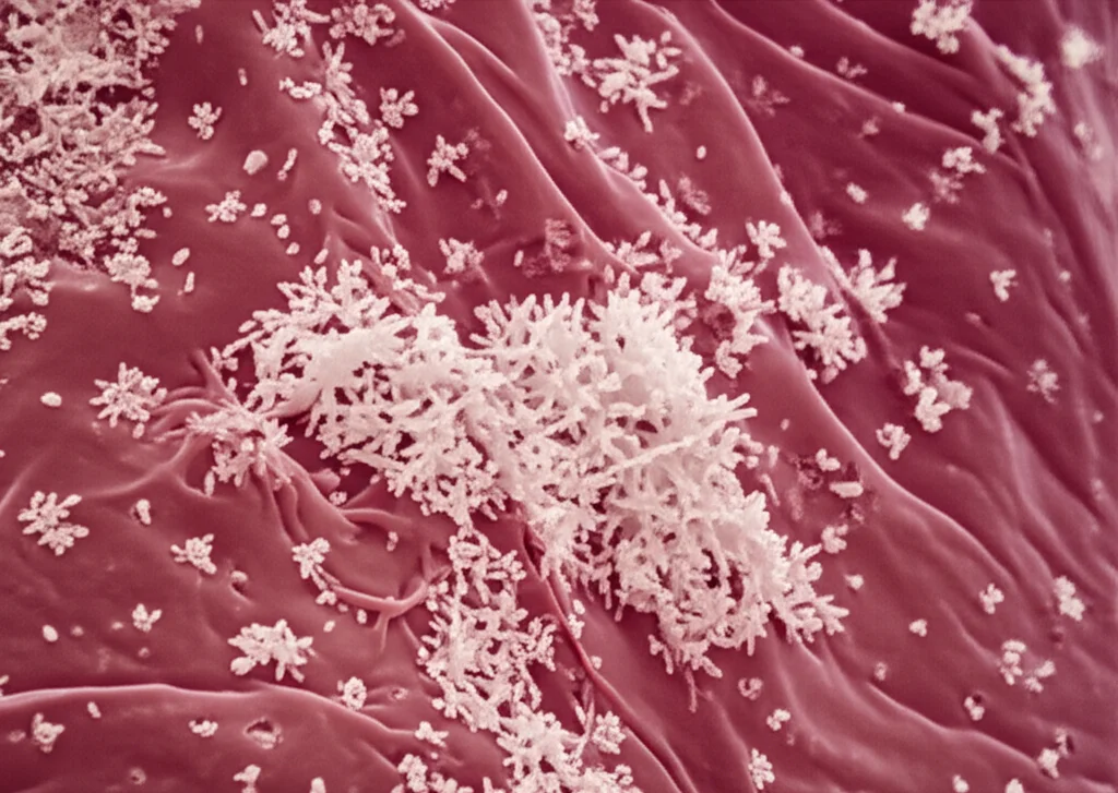 Microscopic view of early-stage kidney stone formation on renal papilla tissue, 60mm macro lens, showing initial crystal deposits with high detail, precise focusing under controlled laboratory lighting.