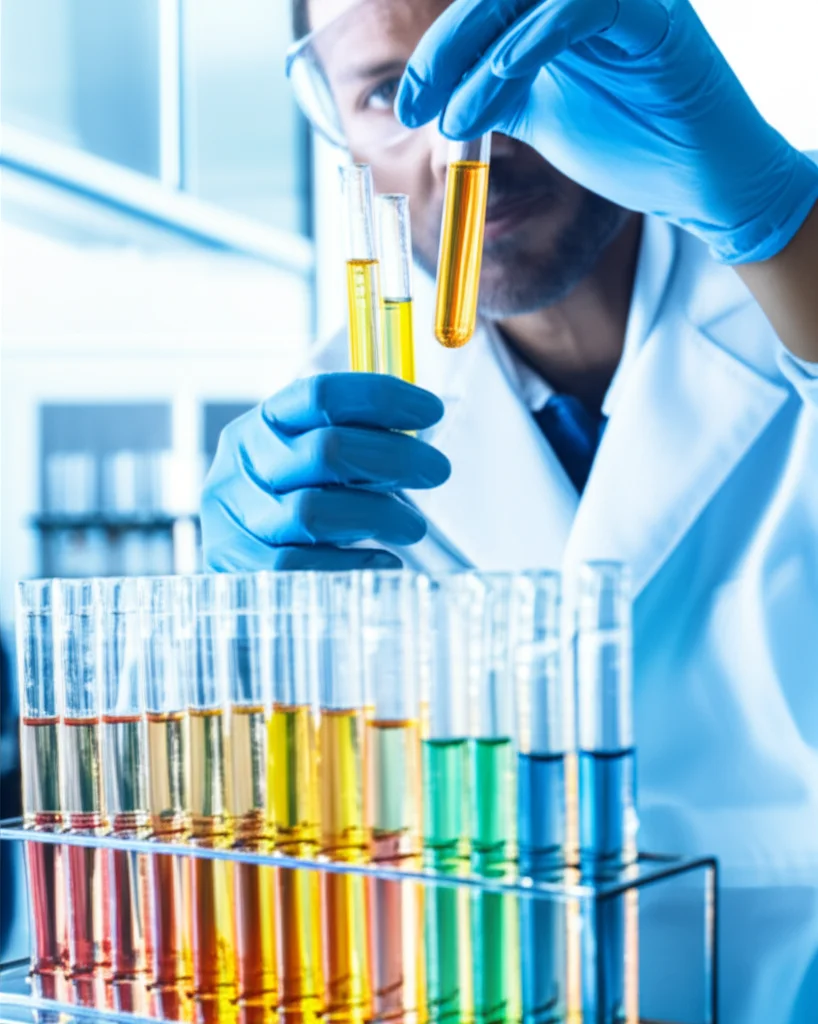 Photorealistic image of a researcher examining vials in a bright, modern laboratory, macro lens, 60mm, high detail, precise focusing, controlled lighting