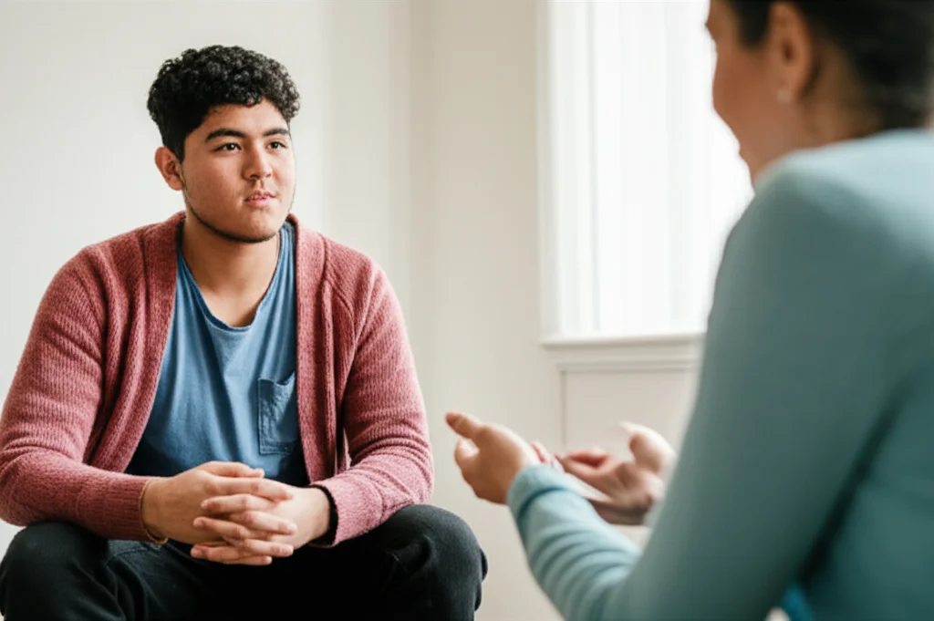 A young person sitting with a case manager in a calm, well-lit room, engaged in conversation. 35mm portrait, depth of field, controlled lighting.