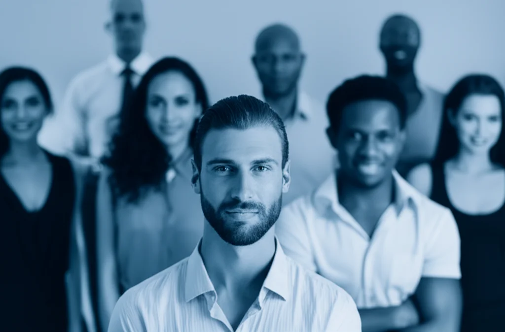 Photorealistic image of a diverse group of adults standing confidently, 35mm portrait, depth of field, blue and grey duotones
