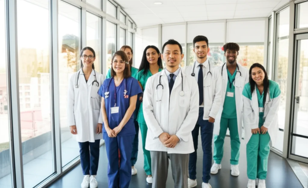 A diverse group of young people and healthcare professionals in a bright, modern community mental health center. Wide-angle lens, 24mm, sharp focus, controlled lighting.