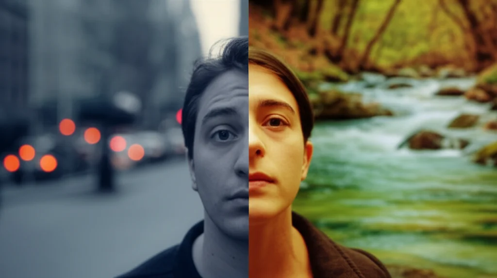 Photorealistic image, a split scene. Left side: a person, 35mm portrait, looking stressed with subtle city traffic blur in the background, cool blue and grey duotones, depth of field. Right side: the same person, 35mm portrait, looking relaxed with a serene spring water stream in the background, warm green and brown duotones, depth of field.