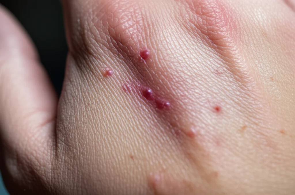 Close-up macro lens shot of a hand affected by digital ulcers and sclerodactyly, showing high detail of skin texture and small lesions under controlled lighting. 100mm macro lens, precise focusing.