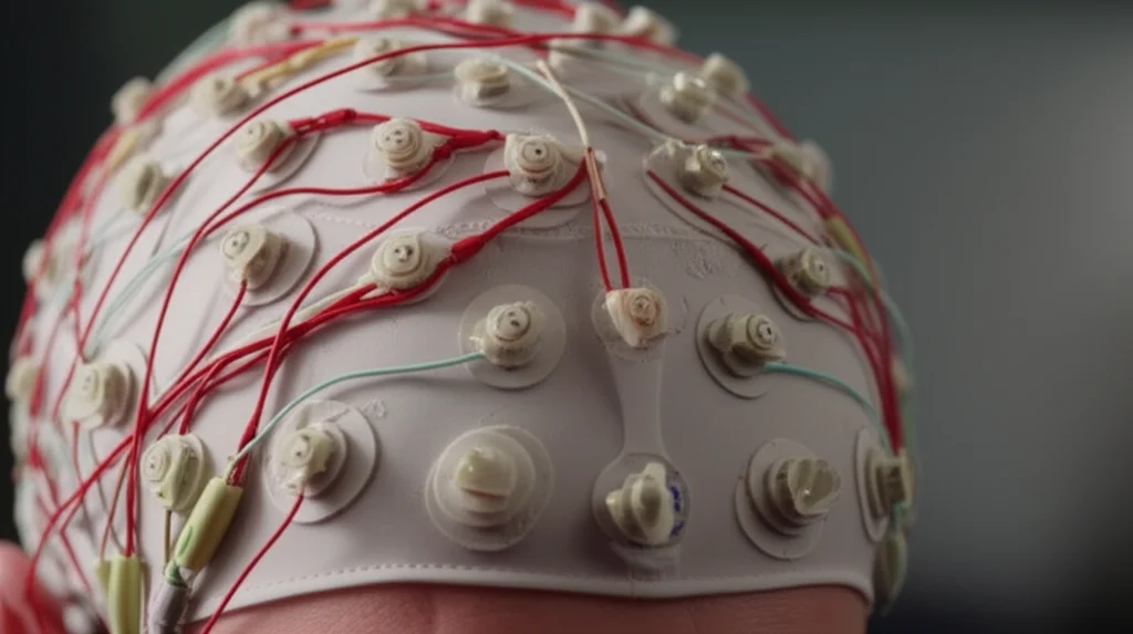 Photorealistic image, close-up, macro lens, 100mm, of an EEG cap with sensors on a person's head, focus on the intricate wiring and sensors, controlled lighting highlighting the technology, suggesting brain activity measurement.
