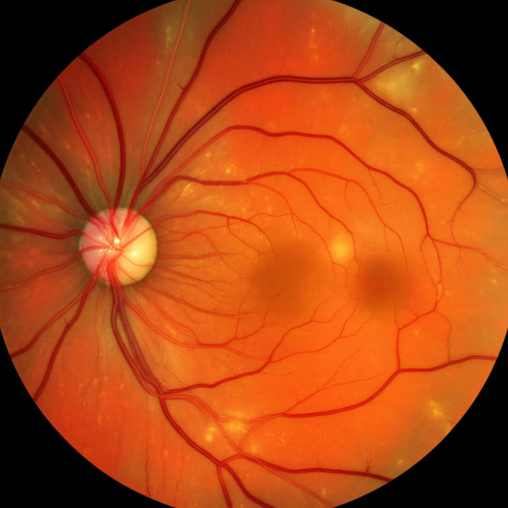 Photorealistic macro image of a retinal fundus with specific lesions (like drusen) clearly segmented and a heatmap overlay, 60mm macro lens, high detail, precise focusing.