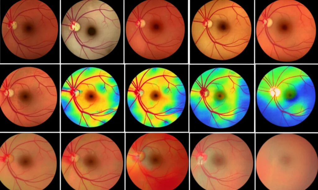 Photorealistic still life image showing a grid of multiple retinal fundus images side-by-side with corresponding AI-generated segmentation masks and heatmaps, 100mm macro lens, high detail, controlled lighting.