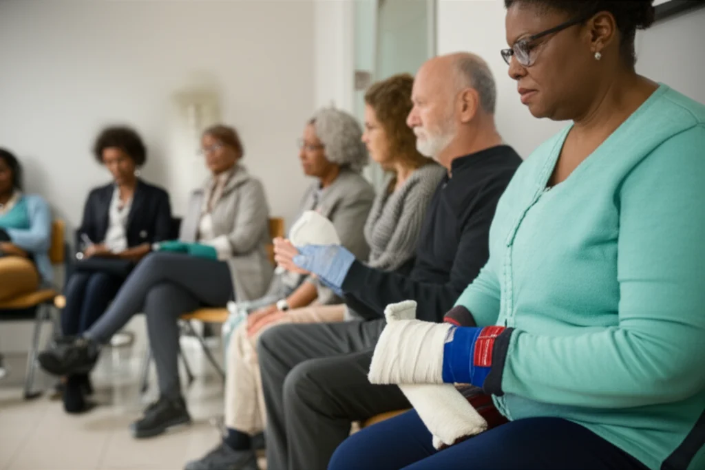 Wide-angle shot of a rheumatology clinic waiting area, showing a diverse group of patients, some with visible hand wraps or gloves, suggesting chronic conditions. Natural lighting, subtle depth of field. 24mm lens.