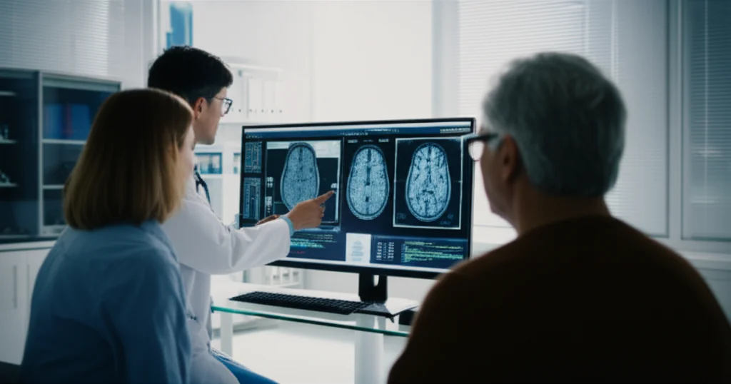 Photorealistic wide-angle shot depicting AI integration in a clinic setting, with a doctor and patient reviewing AI-assisted diagnostic images on a screen, 24mm wide-angle lens, sharp focus.