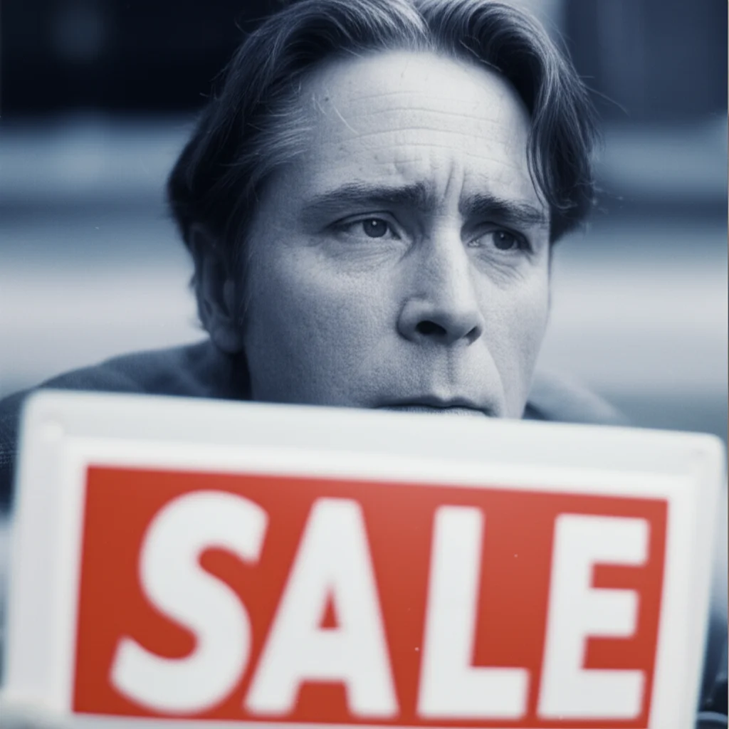A 35mm portrait of a person looking at a sale sign with a thoughtful or conflicted expression, Depth of field, blue and grey duotones.