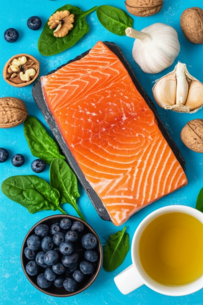 A vibrant flat lay of anti-inflammatory foods: salmon, blueberries, walnuts, spinach, garlic, and a cup of green tea. Macro lens, 80mm, high detail, precise focusing, controlled lighting, creating a healthy and appealing still life composition.