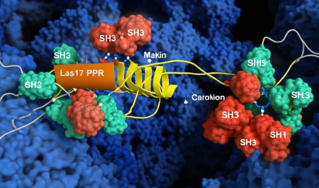 Photorealistic image illustrating a molecular competition scene. Represent a protein segment (Las17 PPR) with multiple binding sites, being approached by both globular actin monomers and SH3 protein domains. Show some sites occupied by SH3 and others by actin, emphasizing the struggle. High detail, precise focusing, controlled lighting, macro lens, 60mm.