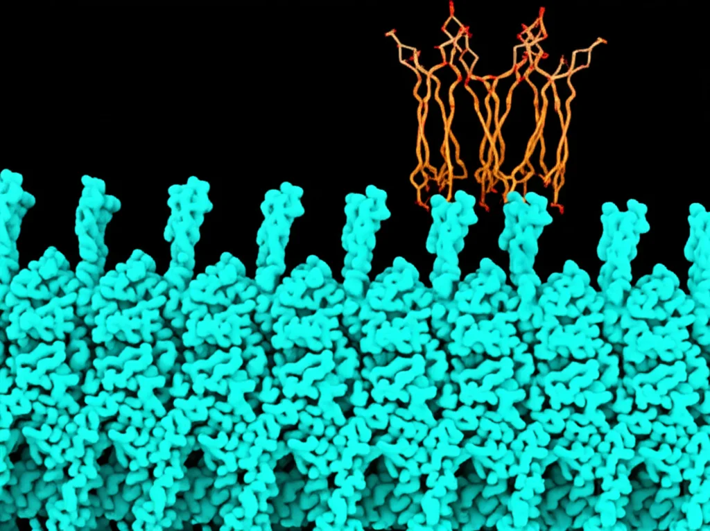 Photorealistic image of structural models of proteins interacting. Show a segment of Las17 protein binding to multiple actin monomers arranged longitudinally. Include details suggesting precise molecular fitting. High detail, precise focusing, controlled lighting, macro lens, 105mm.