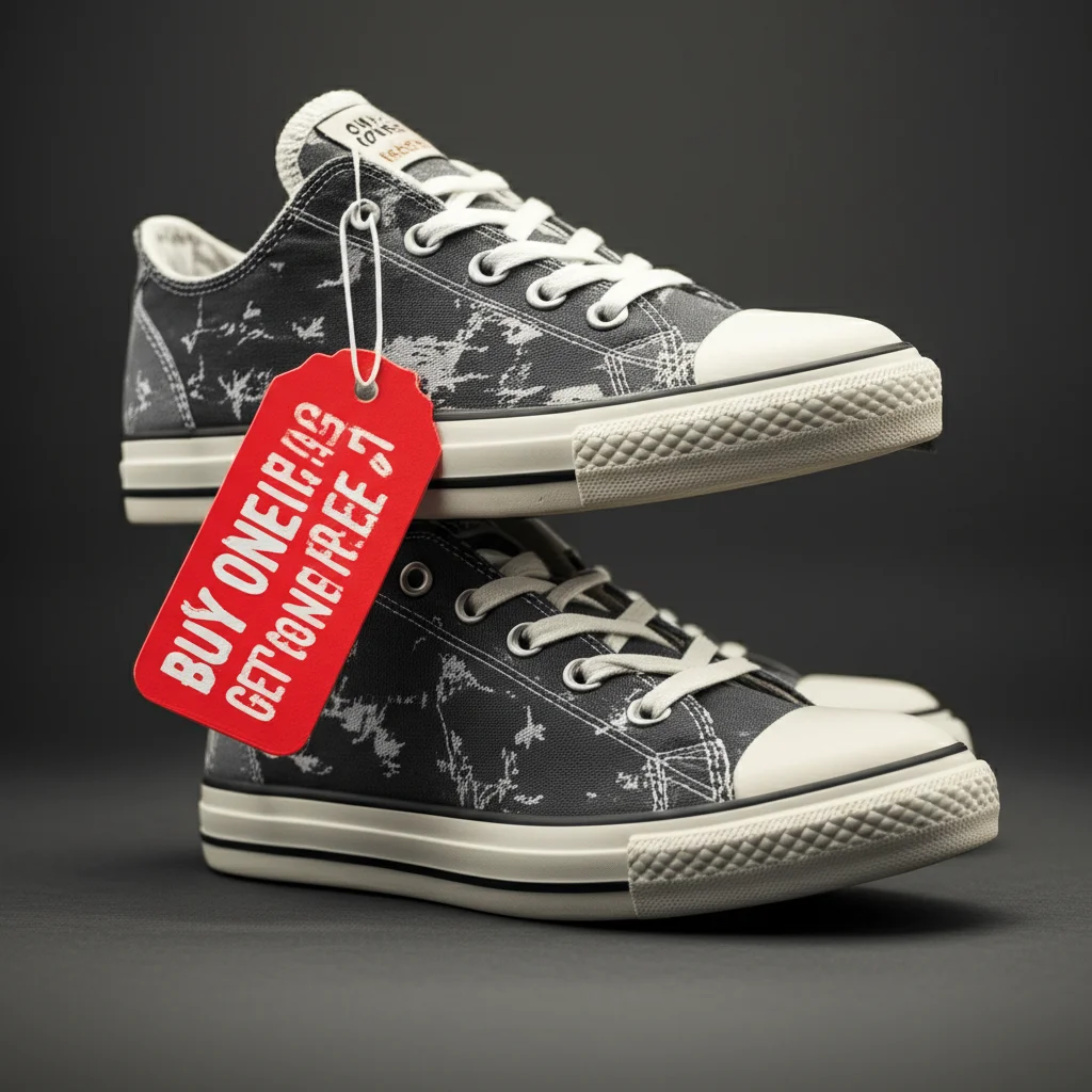 Two pairs of sneakers stacked, with a 'Buy One Get One Free' tag prominently displayed. 100mm Macro lens, High detail, controlled lighting.