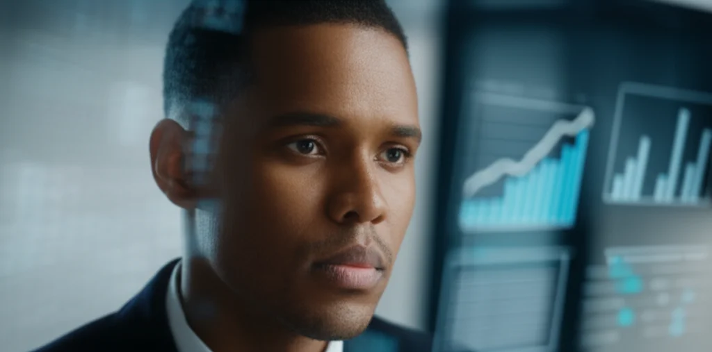 A marketer or business person looking thoughtfully at charts or consumer data on a screen. 35mm portrait, Depth of field.