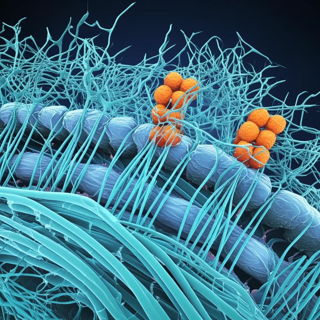 Photorealistic image depicting cellular processes related to actin dynamics. Show a stylized representation of the cell membrane with proteins assembling, illustrating controlled vs. uncontrolled actin filament growth near the membrane. Use elements suggesting precision and chaos. High detail, precise focusing, controlled lighting, macro lens, 60mm.
