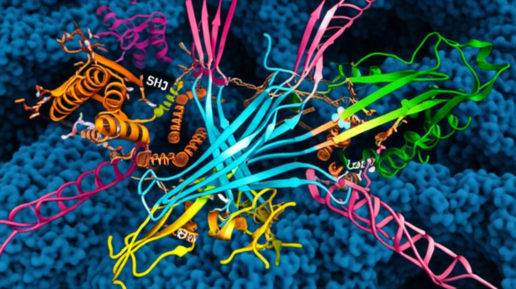 Photorealistic image representing a complex network of molecular interactions. Show various protein domains and molecules (like SH3, actin, GTPase) interacting with a central protein (Las17), illustrating the concept of 'fuzzy' or weak interactions contributing to precise regulation. High detail, precise focusing, controlled lighting, macro lens, 100mm.