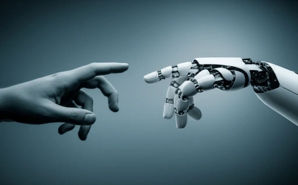 A human hand reaching towards a robotic hand, symbolizing the interaction between humans and artificial intelligence, 35mm portrait, depth of field, blue and grey duotones