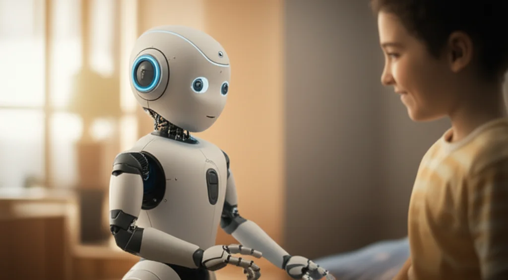 An artificial intelligence robot interacting with a child in a home setting, 35mm portrait, precise focusing, controlled lighting