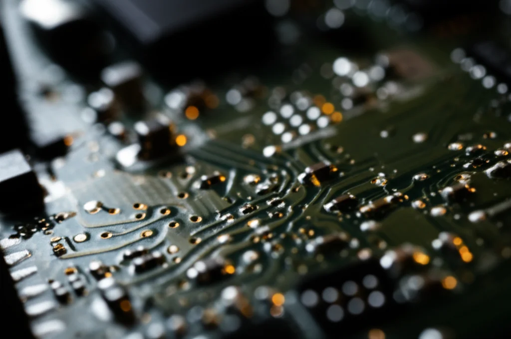 Close-up of circuit board with glowing lights, macro lens, 60mm, high detail, controlled lighting