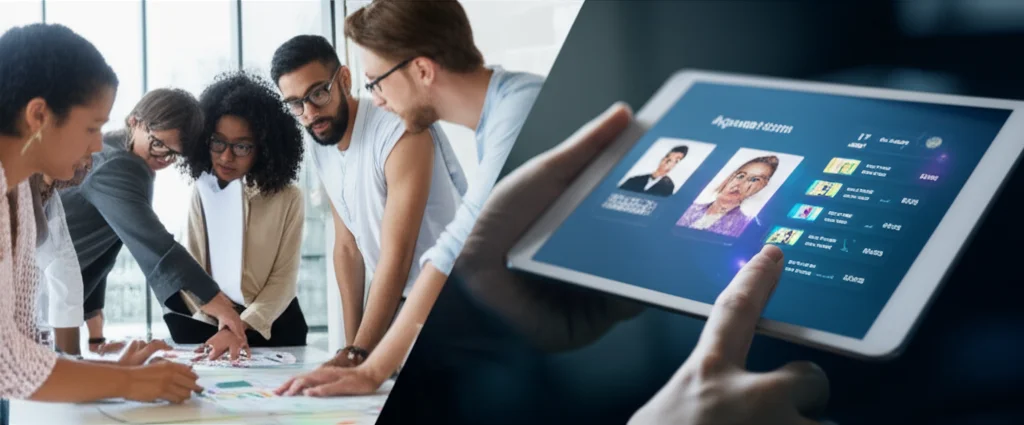 A split-screen conceptual image. Left side: A diverse group of HR professionals in a bright, modern office, collaboratively discussing candidate profiles, looking engaged and thoughtful. 35mm portrait, depth of field, natural lighting. Right side: A close-up of a sleek tablet displaying an algorithmic hiring interface with data visualizations and candidate scores, macro lens, 85mm, controlled lighting, highlighting the intersection of human judgment and technology.