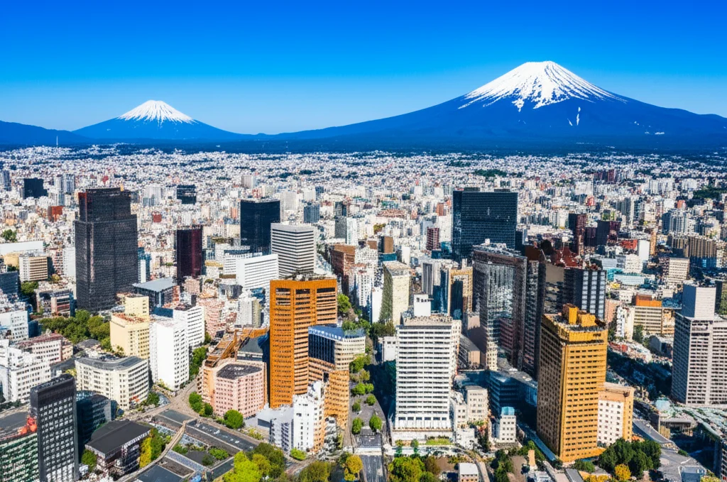 A wide-angle landscape photo capturing the diverse geography of Japan, from bustling cities to rural areas, symbolizing prefectural economies. Sharp focus, 10mm wide-angle lens.
