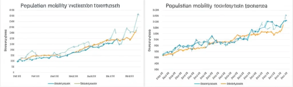 A split image showing charts: one depicting population mobility trends and another showing economic activity, illustrating correlation analysis. High detail, controlled lighting.