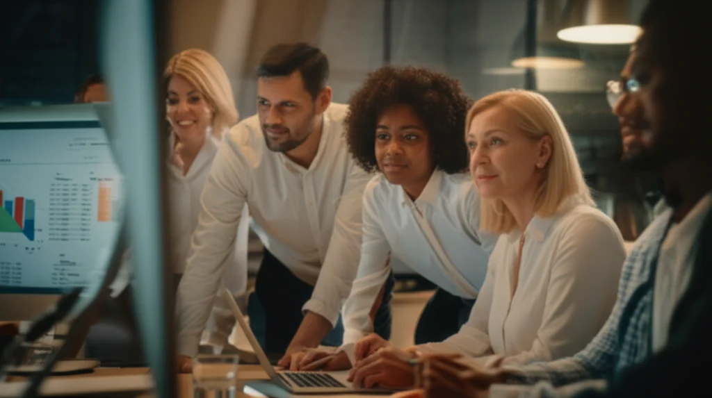 Portrait photography of a diverse group of HR professionals in a meeting, looking at a shared screen displaying data from an algorithmic hiring tool. They appear engaged and satisfied, with subtle smiles, indicating positive user acceptance. 50mm prime lens, depth of field, warm, natural office lighting, creating a collaborative and positive atmosphere.