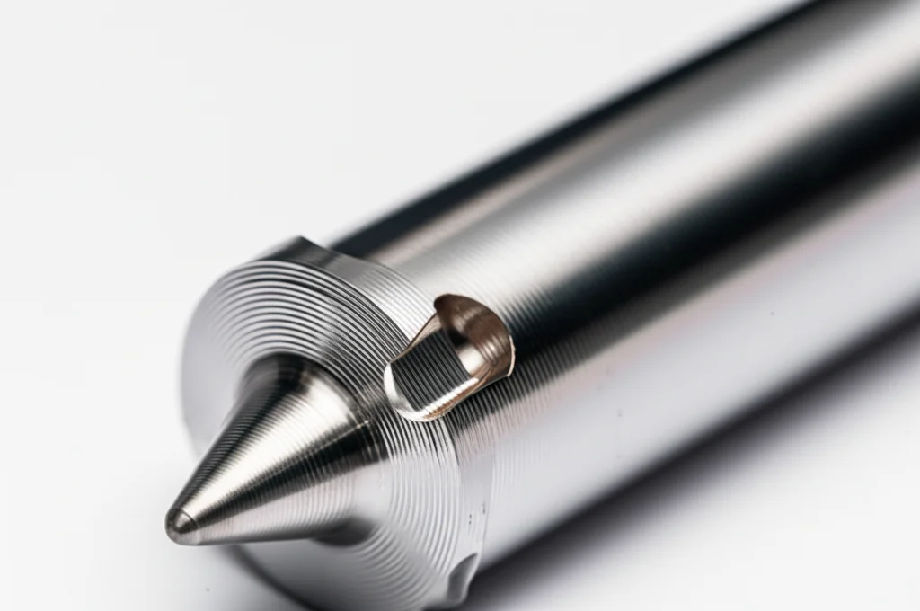 Object photography of a friction stir welding tool with a conical pin and concave shoulder, macro lens, 60mm, high detail, precise focusing.