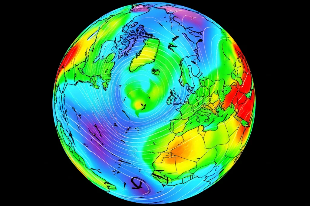 A dynamic visualization showing weather data layers over a map, with arrows indicating wind flow and color gradients representing temperature or pressure. Wide-angle lens, 24mm, high detail, controlled lighting.