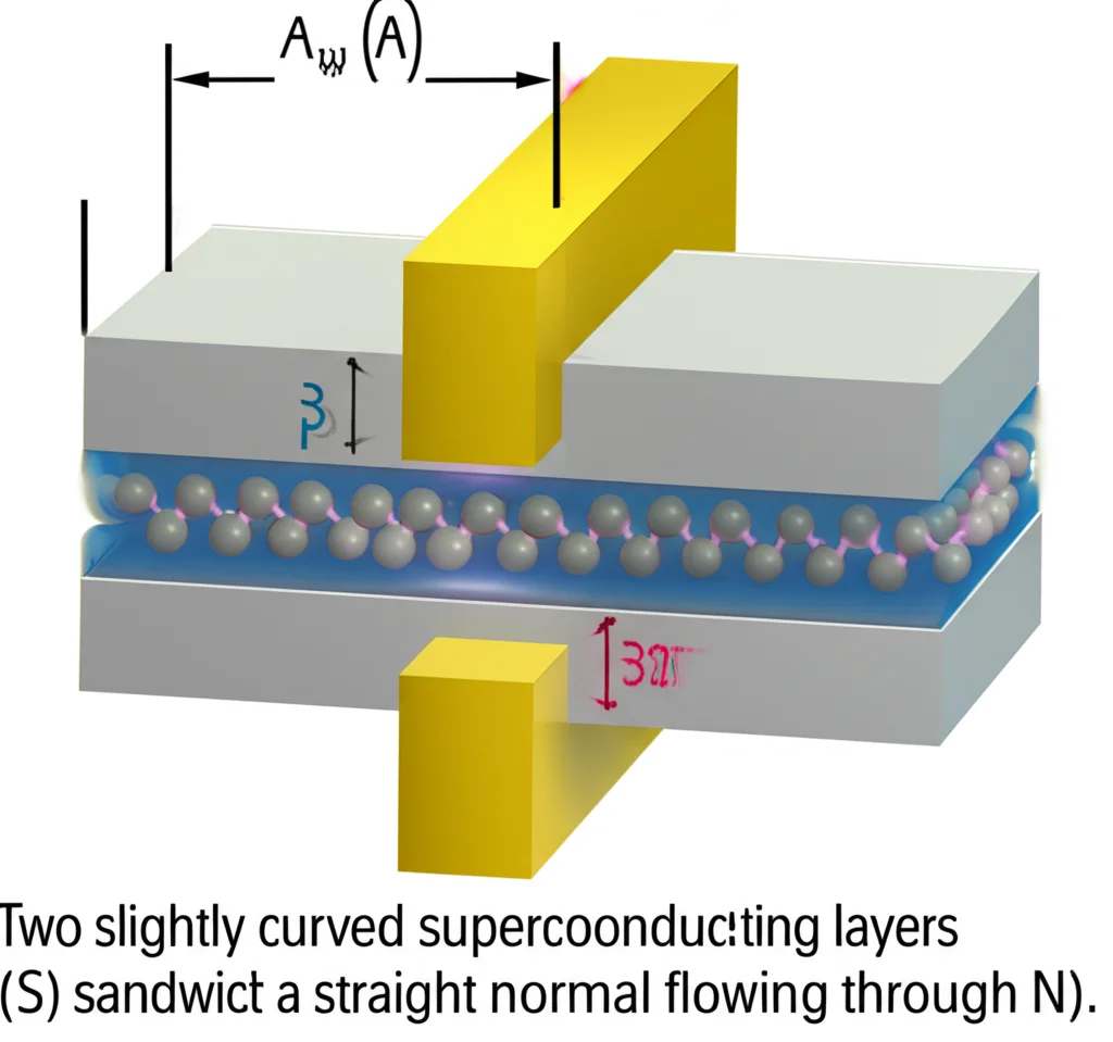 Conceptual illustration of an SNS junction. Two slightly curved superconducting layers (S) sandwich a straight normal metal layer (N). Arrows depict spin current flowing through N. Use a clean, modern, diagrammatic style with subtle lighting to highlight the layers. Prime lens, 35mm, depth of field to focus on the junction.