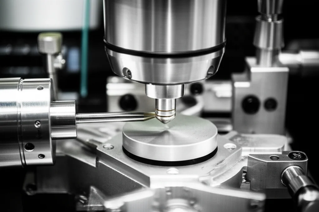 Object photography of a pin-on-disc tribometer setup, showing a metal pin and rotating disc during a wear test, 100mm Macro lens, high detail, controlled lighting.