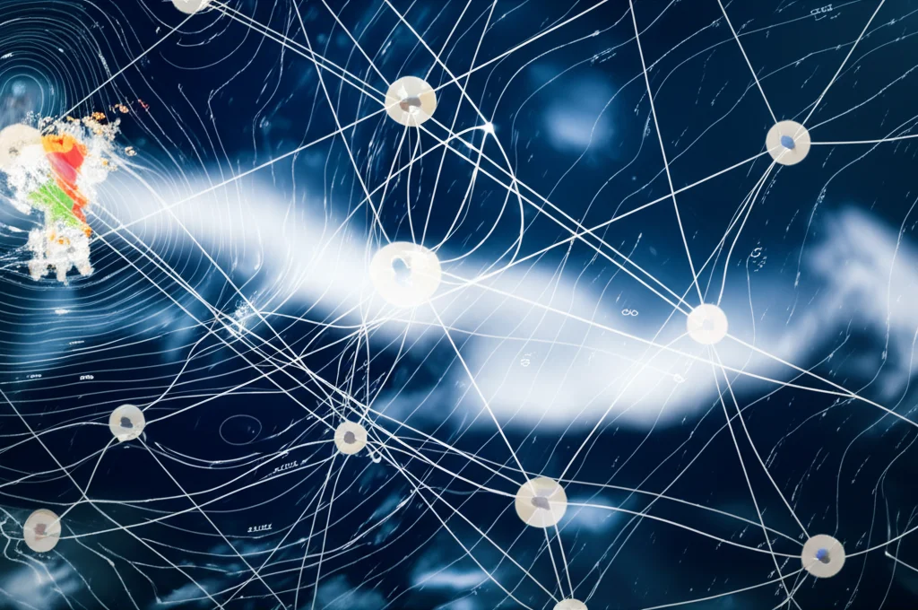 A complex neural network architecture diagram overlaid on a background showing weather patterns or data flow. Macro lens, 105mm, high detail, precise focusing, controlled lighting.